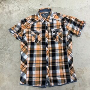 BKE Standard Fit Mens Short Sleeve Plaid Button Up Shirt Orange Black White XL